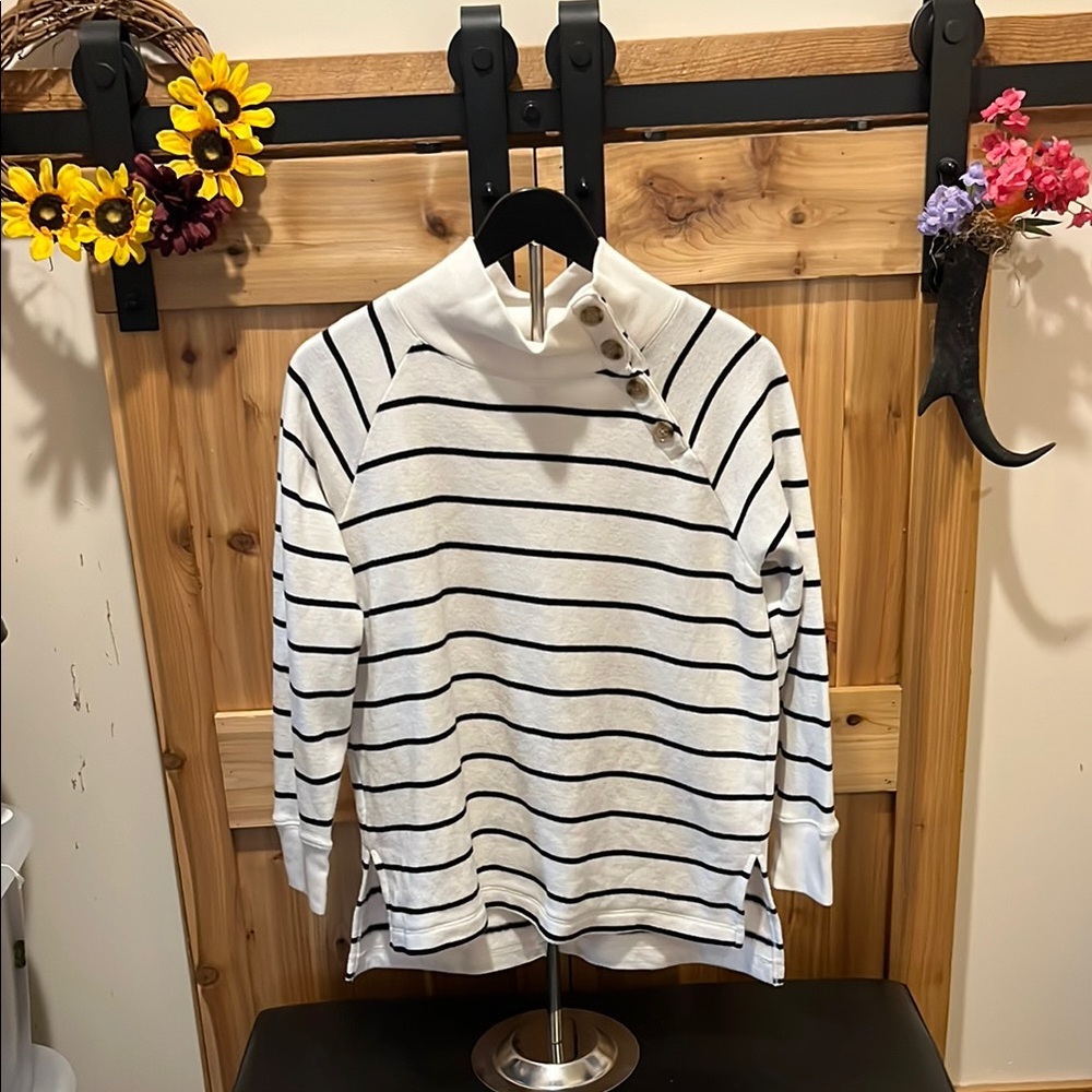 J. Crew White and Black Striped Button-Neck Sweatshirt